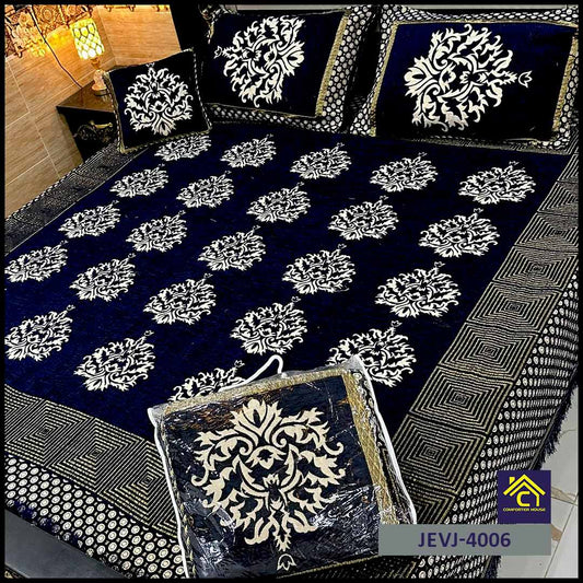 4 Pcs Velvet Jacquard Fancy Bed Set | Blue | JEVJ-4006