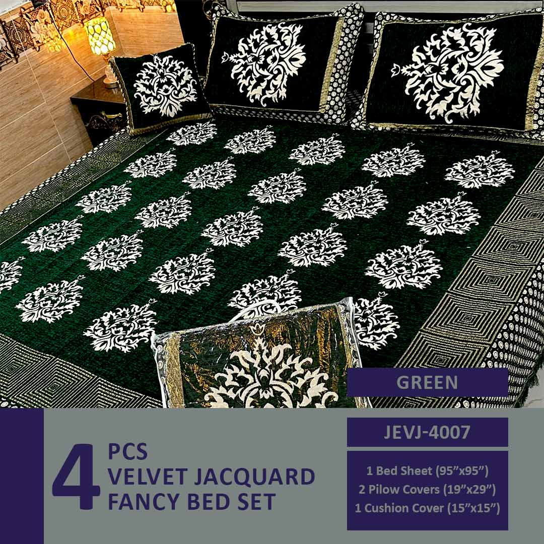 4 Pcs Velvet Jacquard Fancy Bed Set | Green | JEVJ-4007