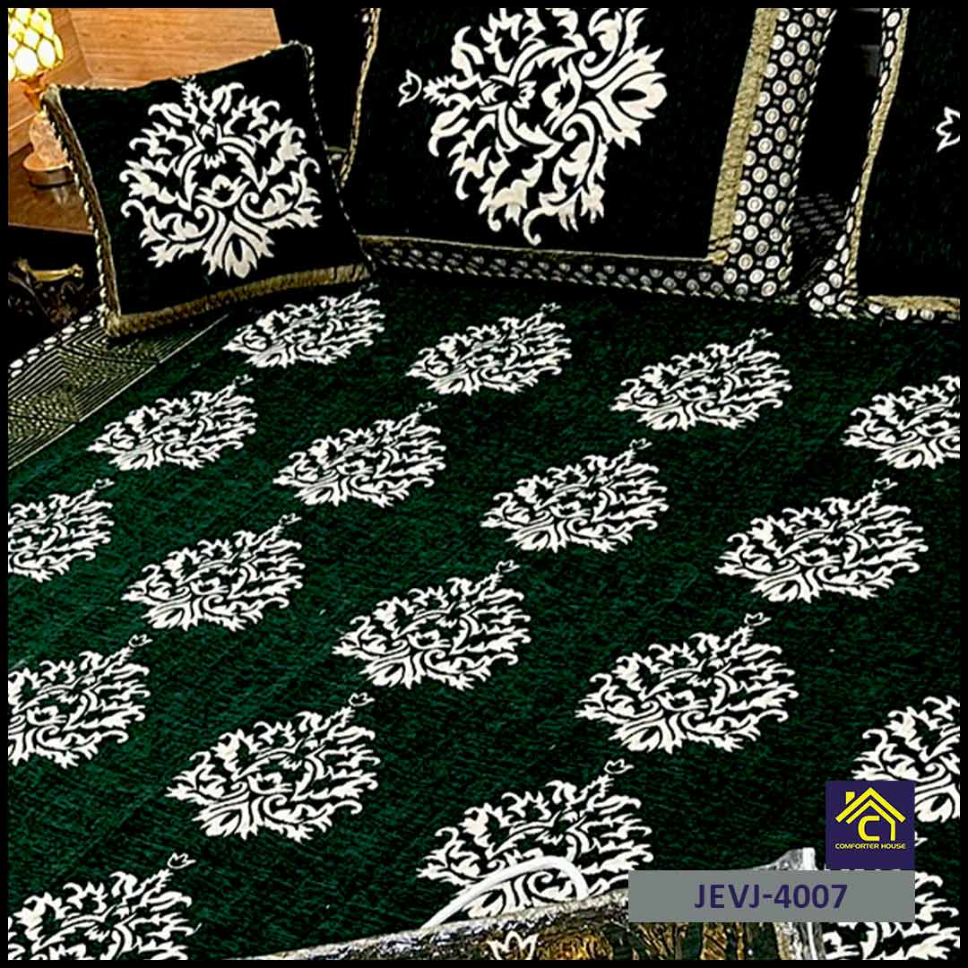 4 Pcs Velvet Jacquard Fancy Bed Set | Green | JEVJ-4007