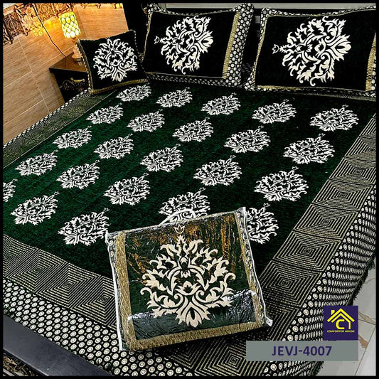 4 Pcs Velvet Jacquard Fancy Bed Set | Green | JEVJ-4007